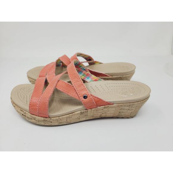 Crocs Womens A Leigh Wedge Sandals 8 Coral Pink Leather Strappy Cork Heels - Picture 2 of 11